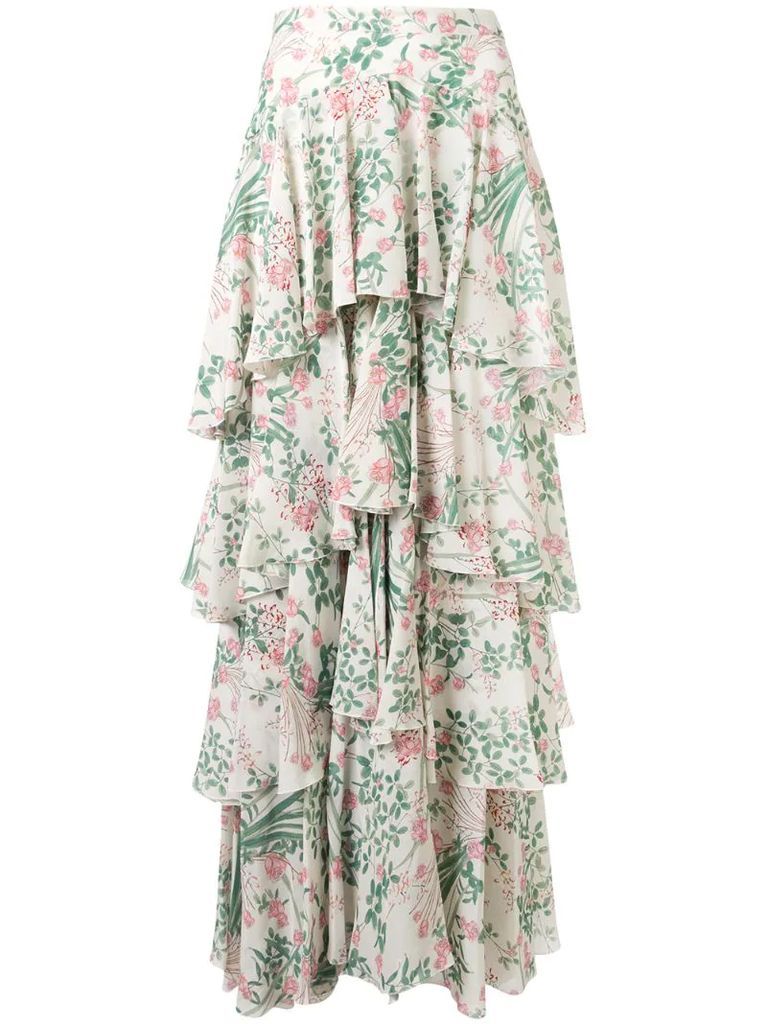 silk floral print tiered skirt