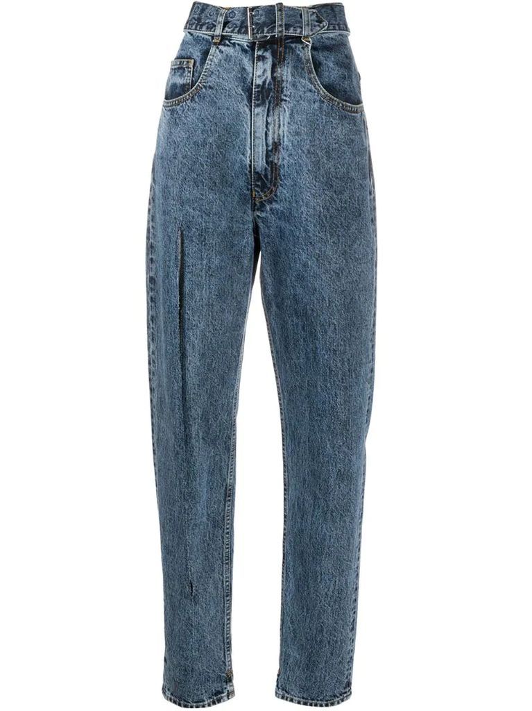 split-leg tapered denim jeans
