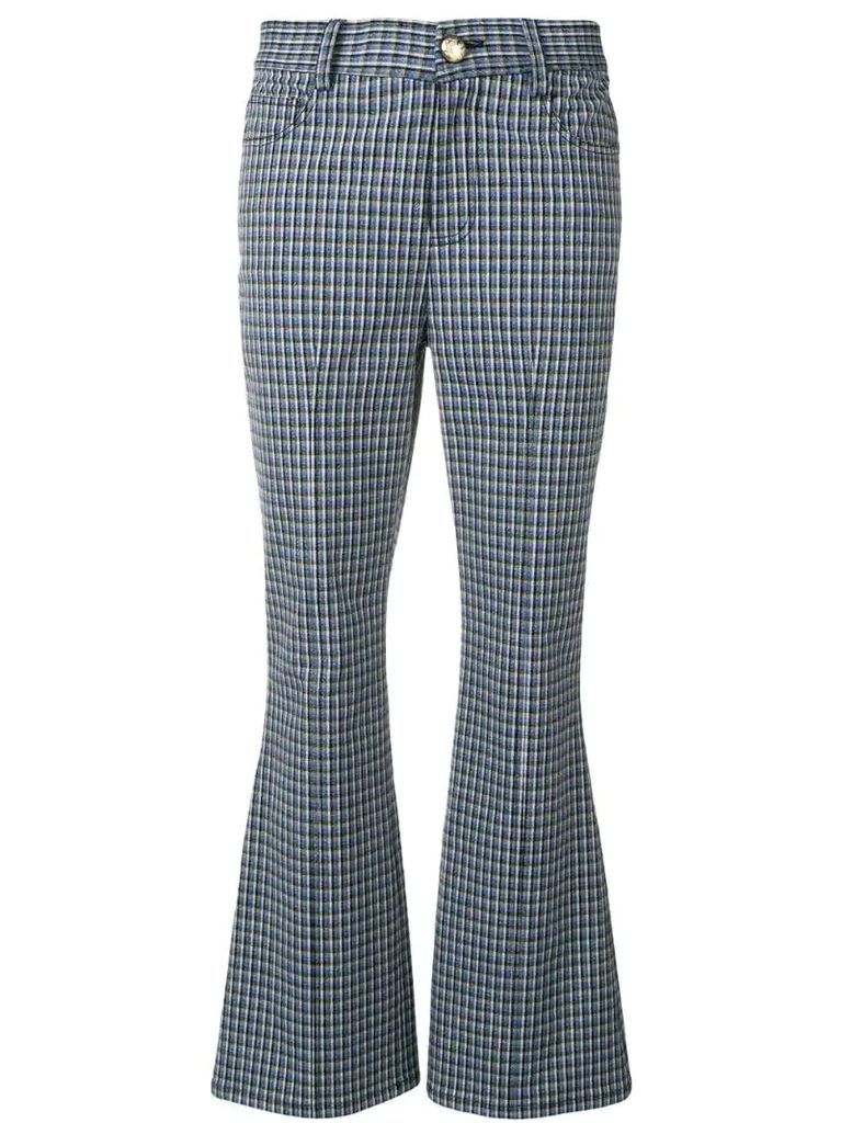cropped check flare trousers