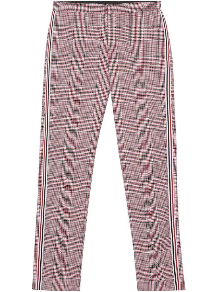 side stripe houndstooth check tailored trousers