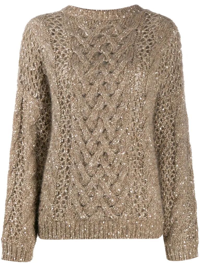 sequin-embellished cable knit sweater