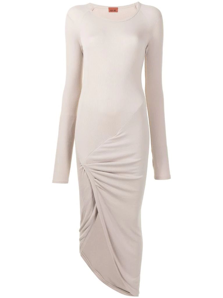 long-sleeved ruched midi dress