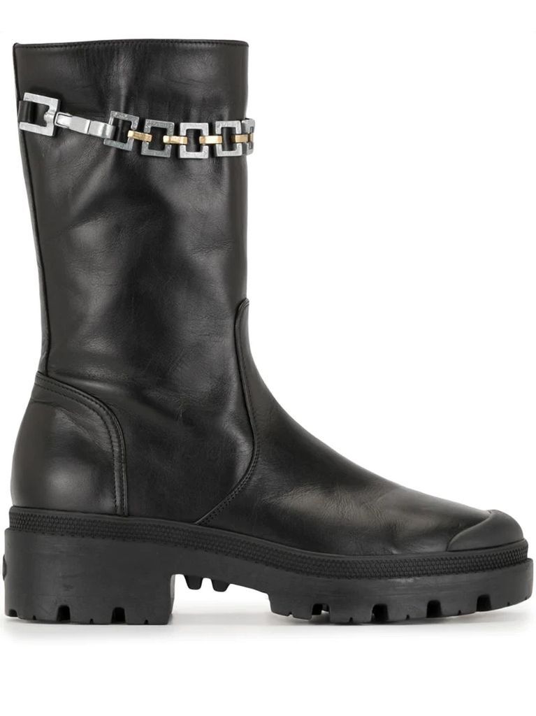chain-embellished mid-calf boots