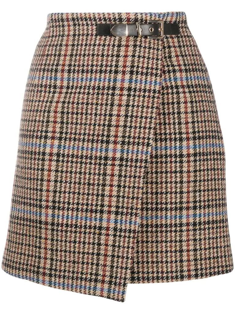 houndstooth buckled wrap skirt