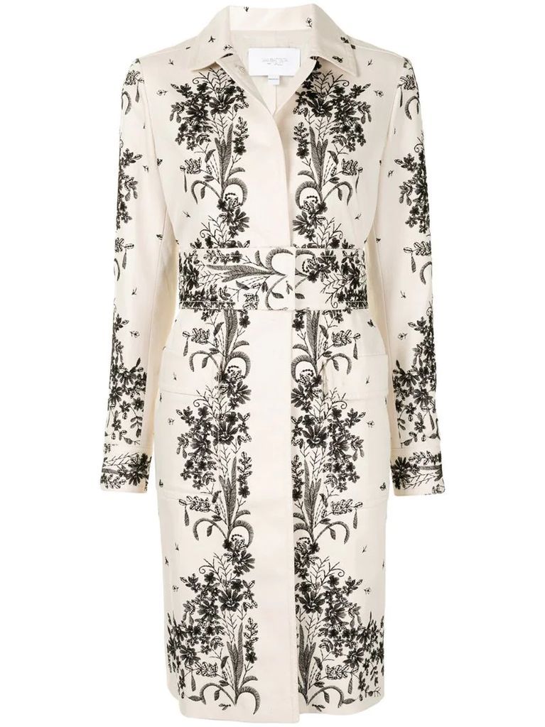 belted floral-embroidered coat
