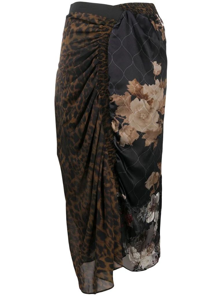 mixed-print draped skirt