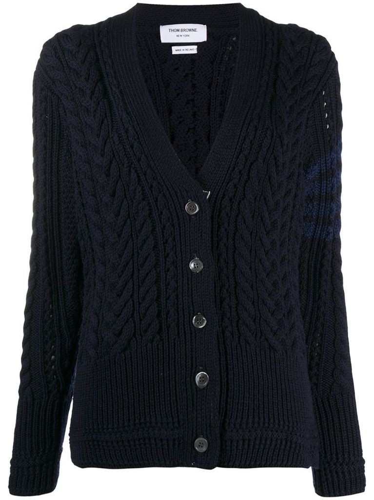 ARAN CABLE RELAXED V NECK CARDIGAN W/ 4 BAR IN FINE MERINO WOOL