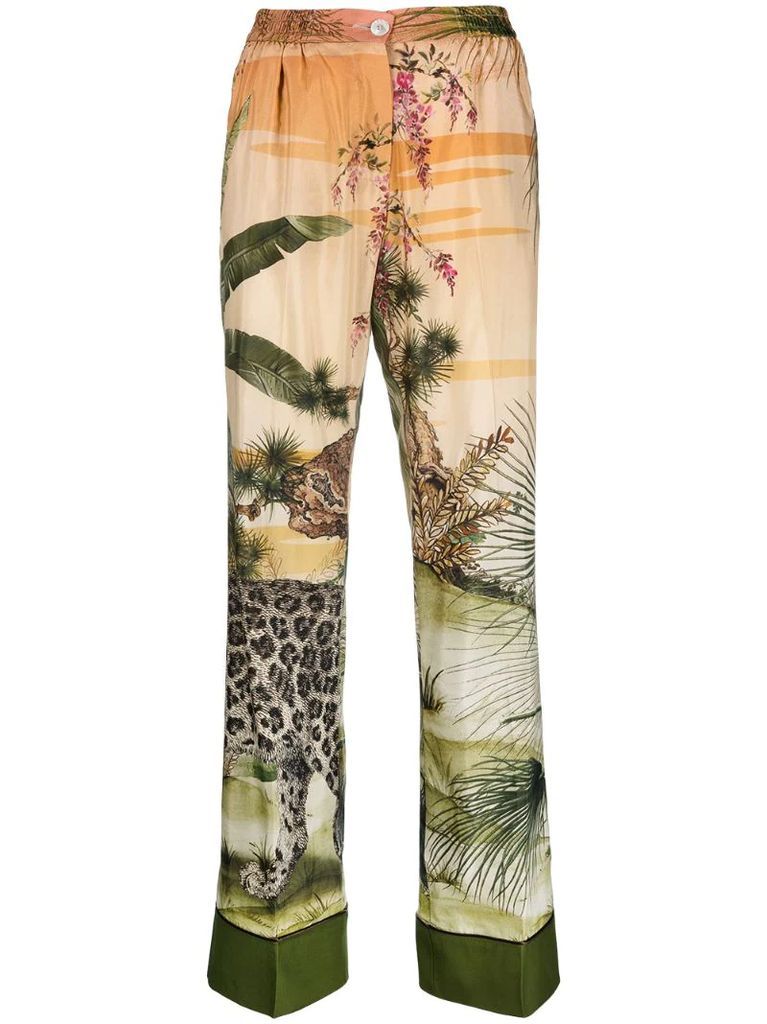 jungle silk-blend palazzo trousers