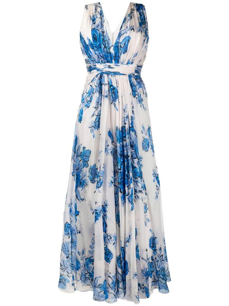 floral-print draped long silk dress