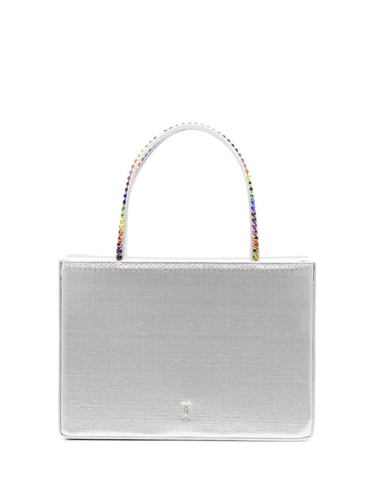 metallic tote bag with rainbow crystal top handles
