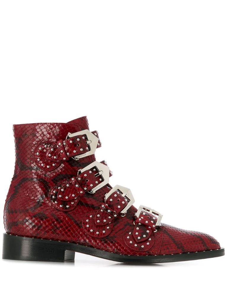 snakeskin effect buckled ankle boots