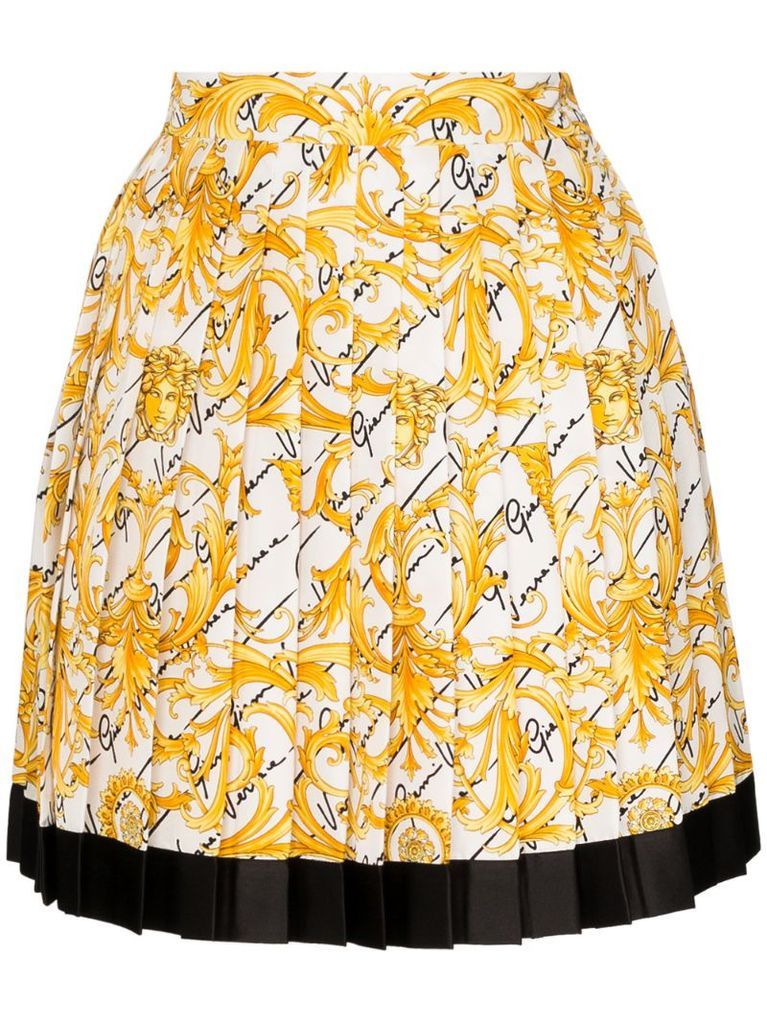 pleated baroque-print silk skirt