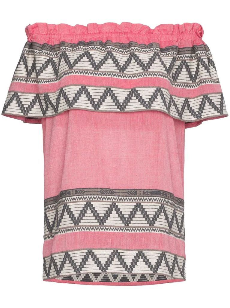 off-shoulder zig zag embroidered short sleeve top