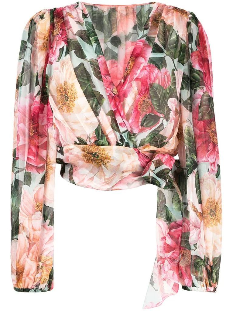 floral-print wrap-style blouse