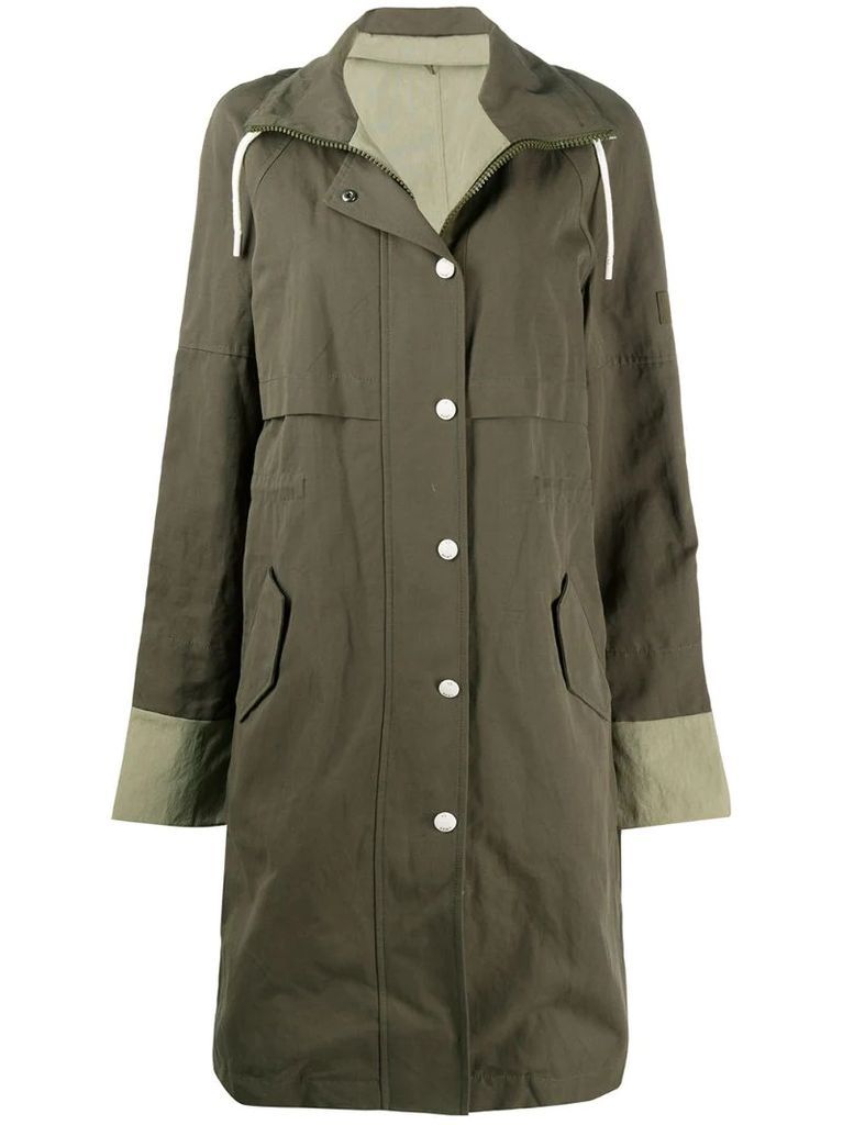 high drawstring neck panelled coat