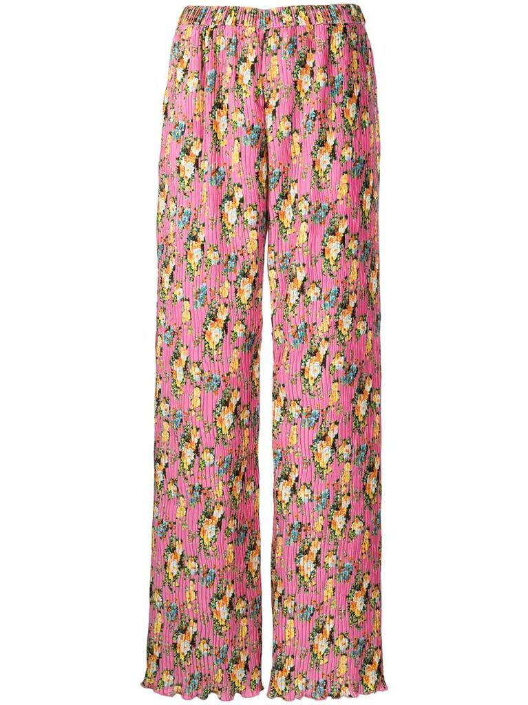 floral-pattern micro-pleat trousers