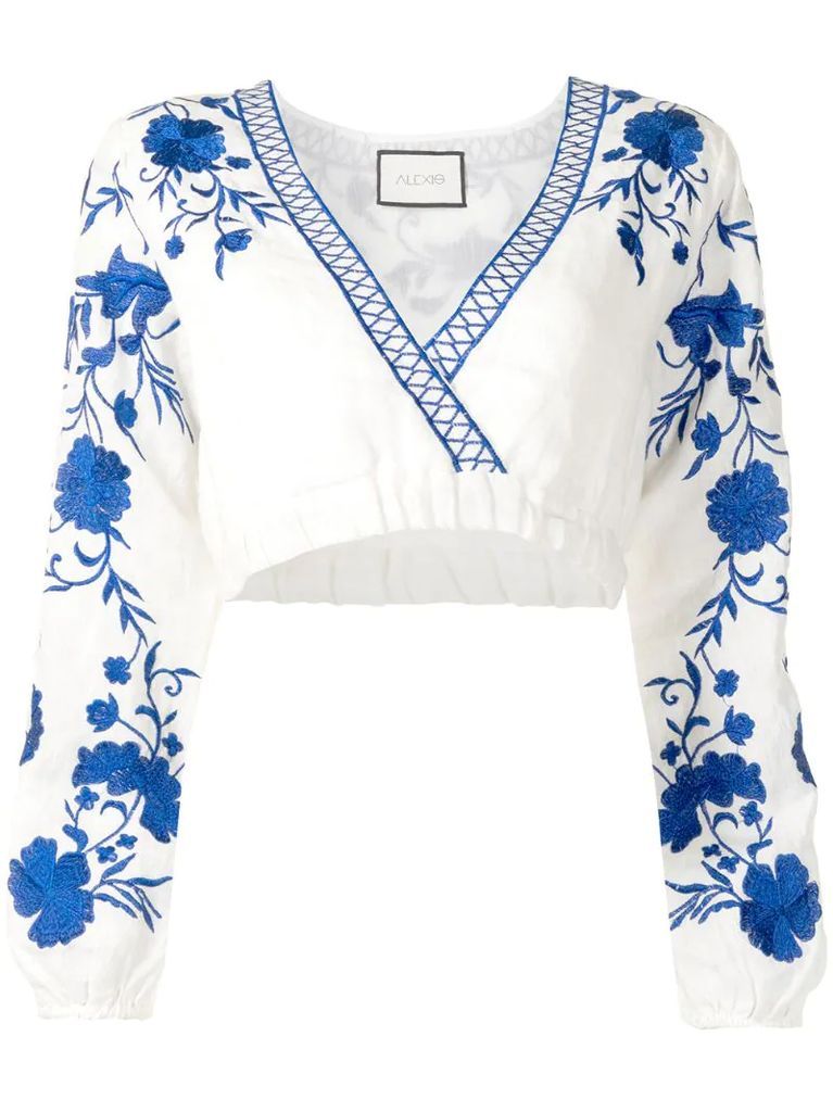 Caja floral-embroidered linen top