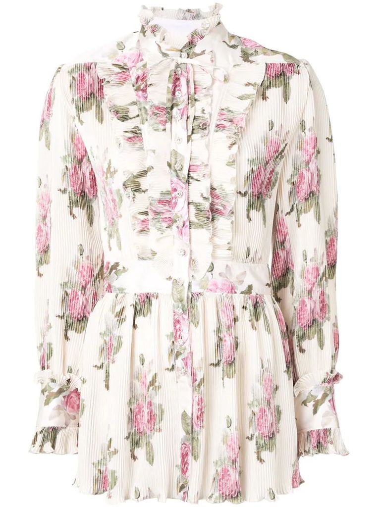 micro-pleated floral blouse