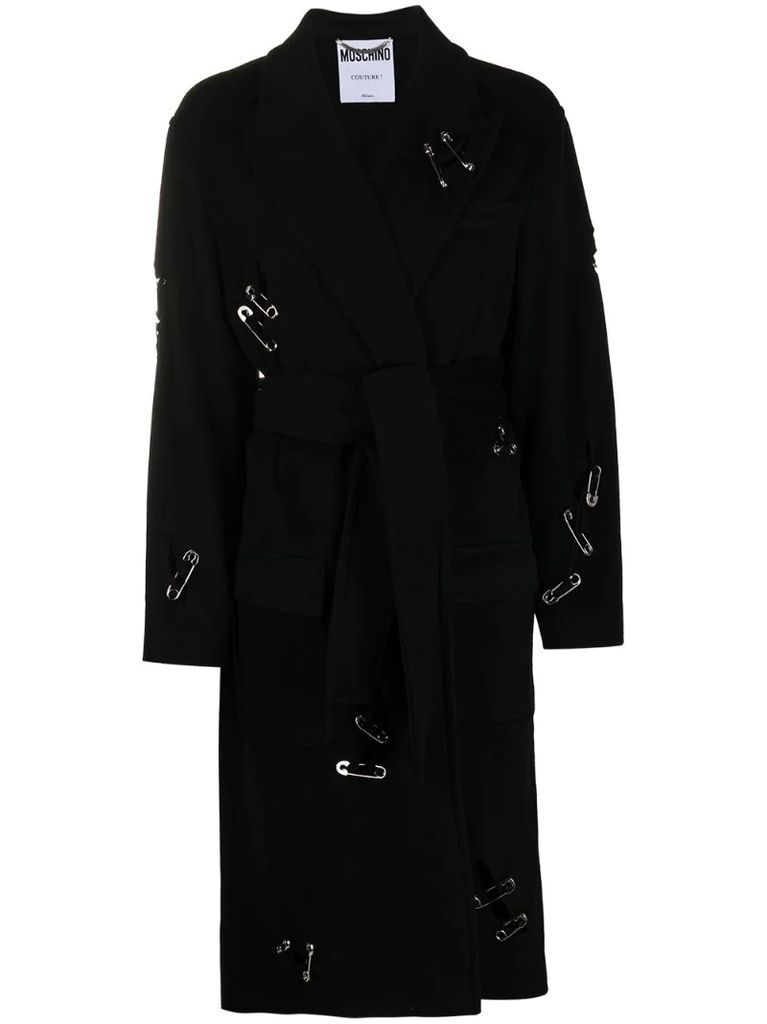 safety pin detail belted coat