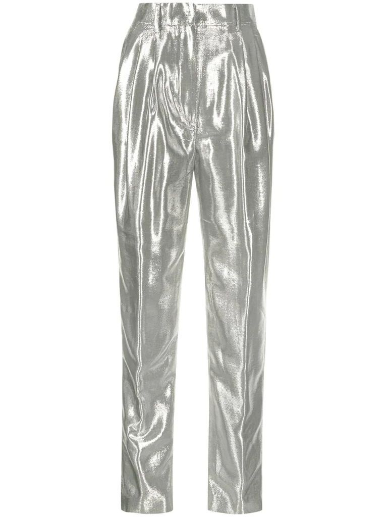 high-waisted metallic trousers