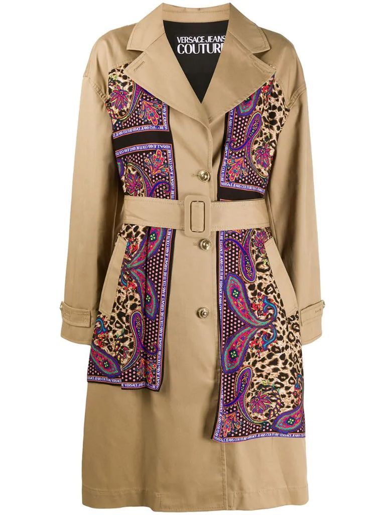paisley leopard accent trench coat