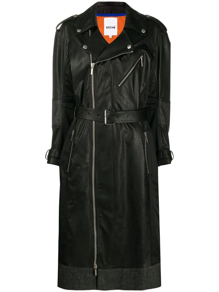 faux leather zip-up trench coat