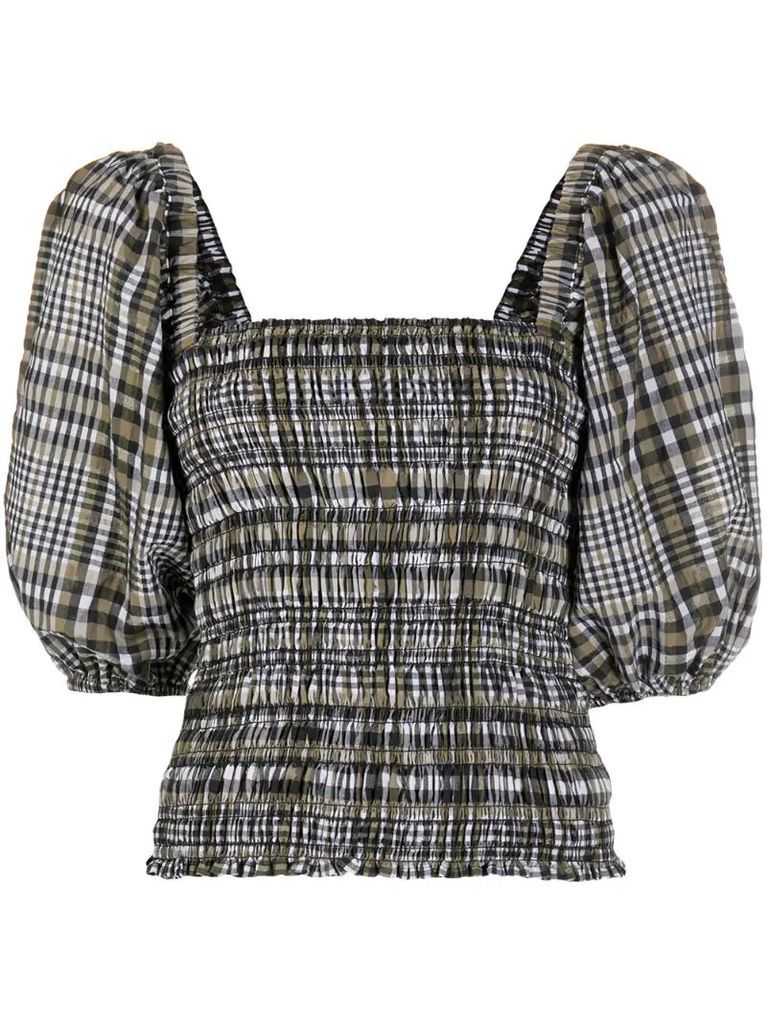check-pattern blouse