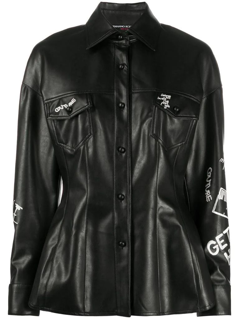 embroidered faux-leather shirt
