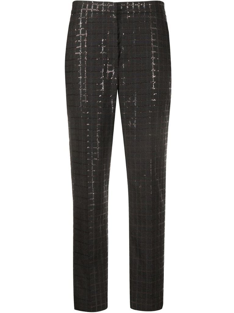 sequinned checkered tapered trousers