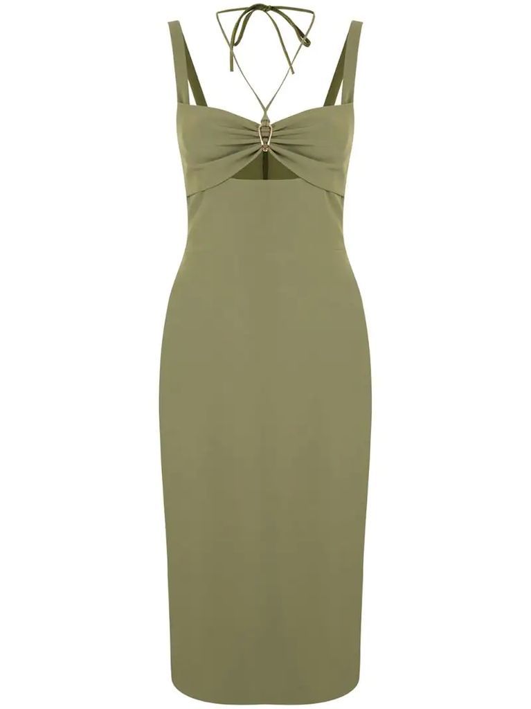 ruched fitted midi silk dress