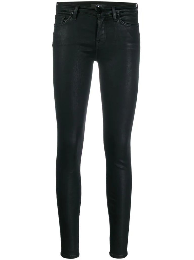 low rise coated skinny trousers