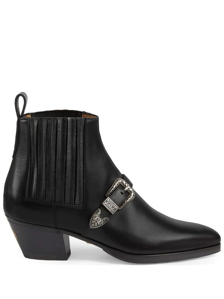 pull-on buckled ankle boots