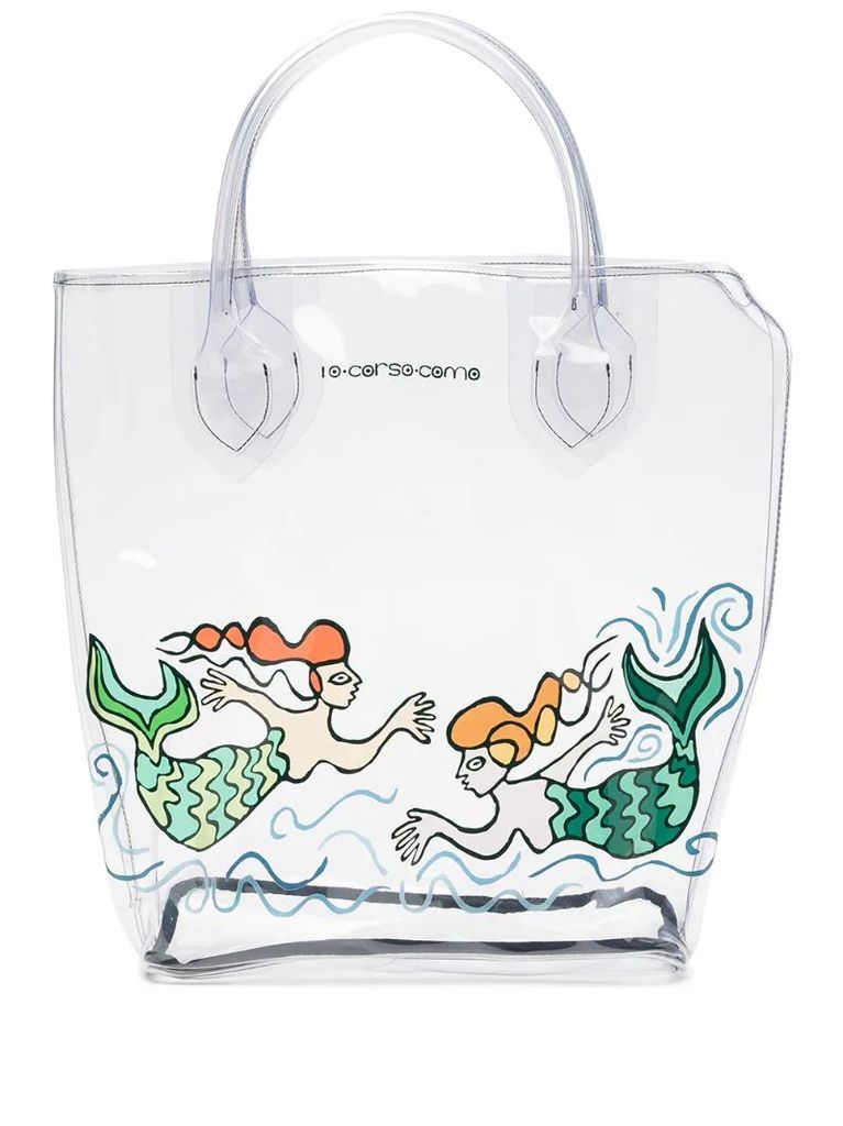 large mermaid-print transparent tote bag