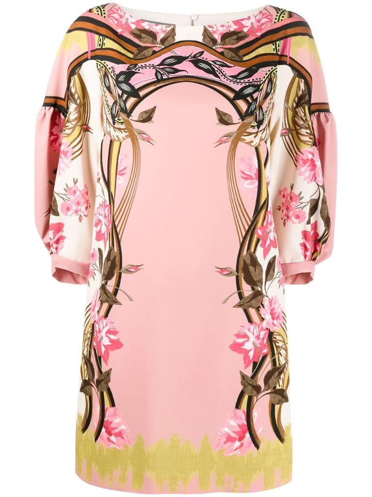 floral-print draped-sleeve short dress
