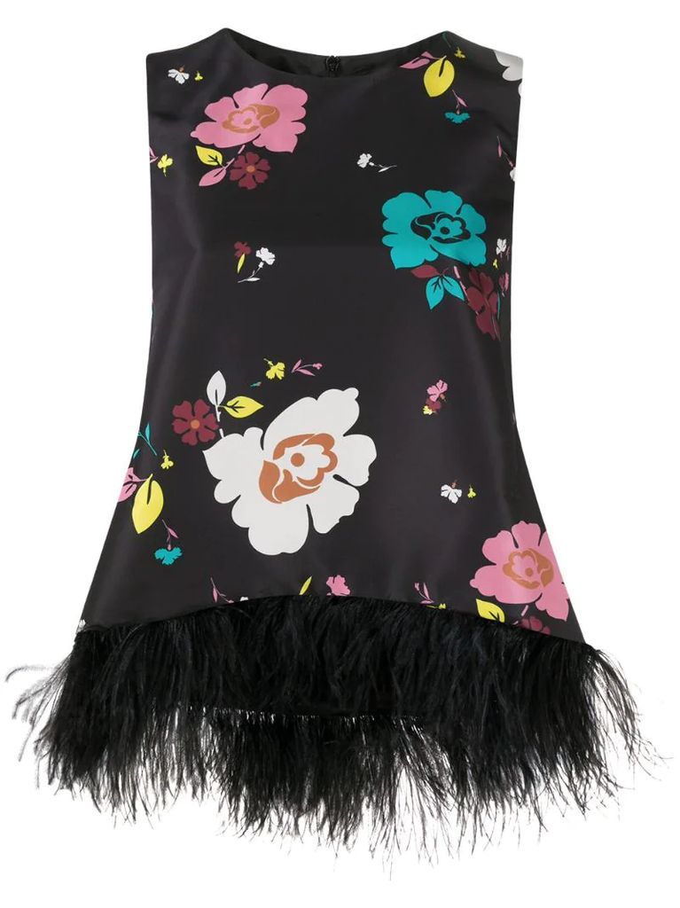 floral-print feather-detail sleeveless top