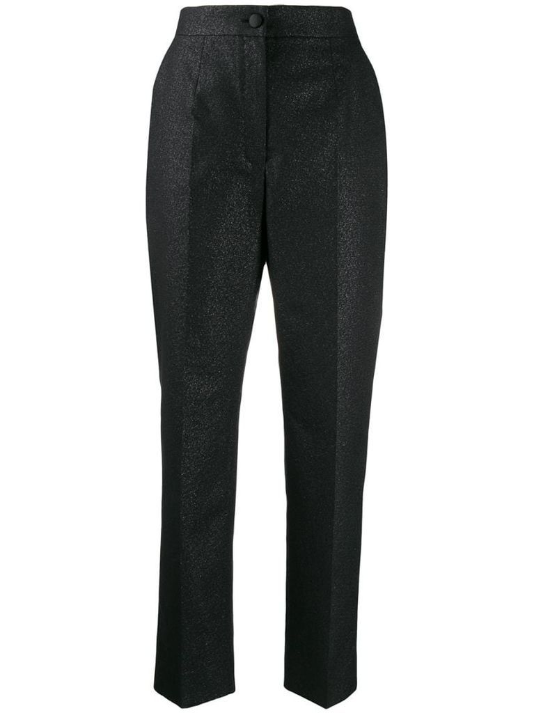 metallic high-rise tapered trousers