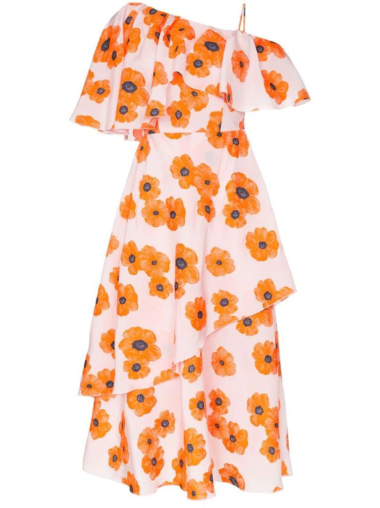 poppy print one-shoulder ruffle dress