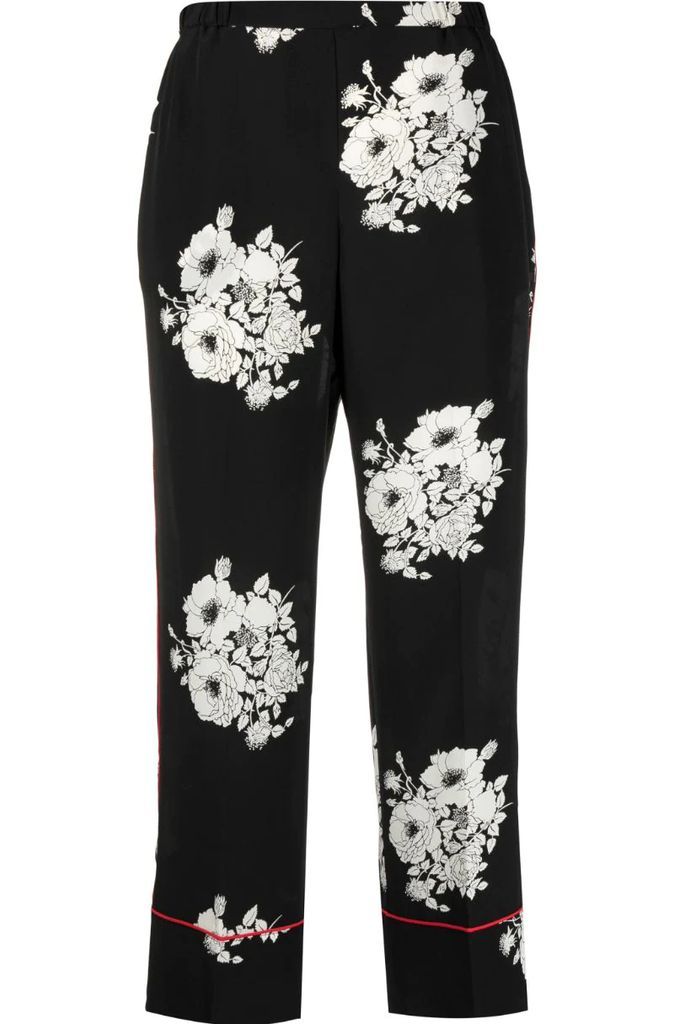 floral-printed cropped silk trousers