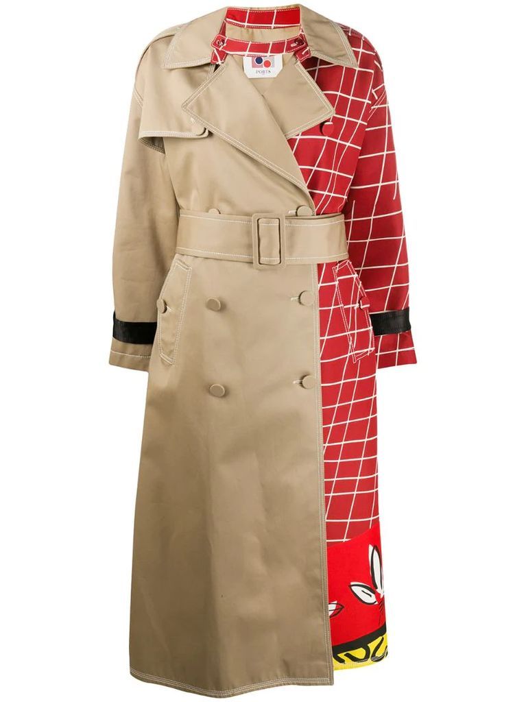 checkered-panel trench coat