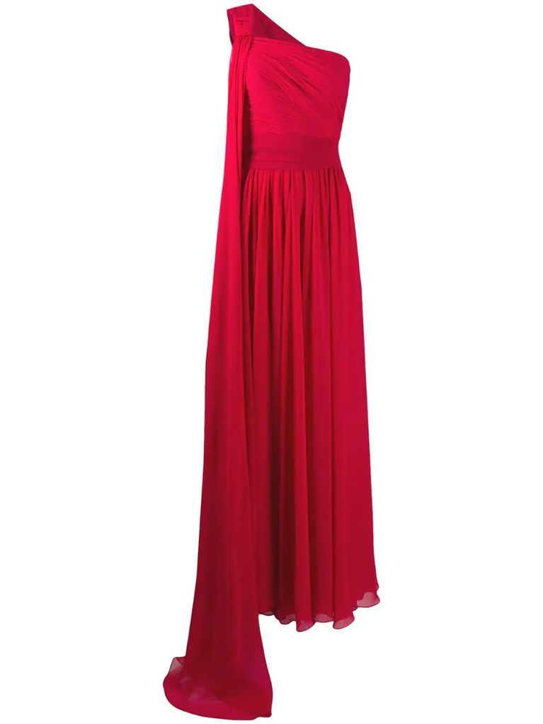 draped one-shoulder gown