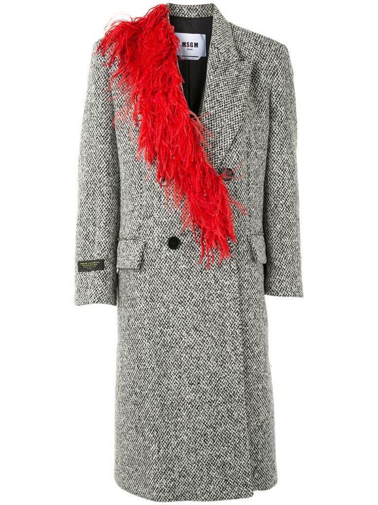 feather-embellished double-breasted coat