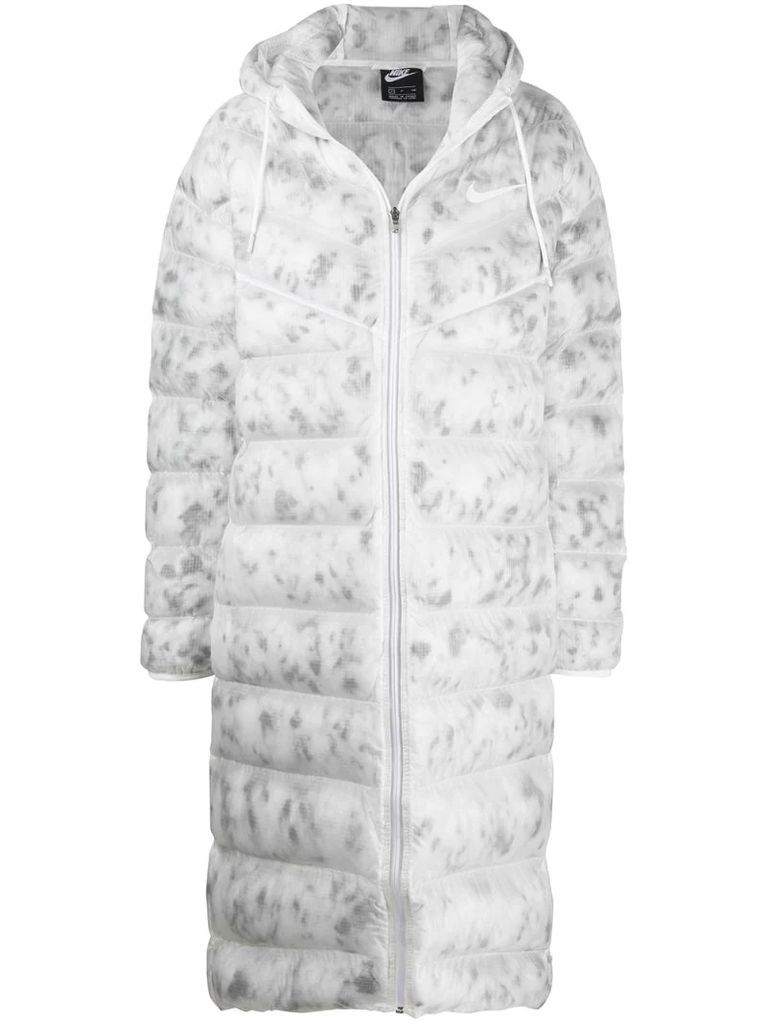 marbled-pattern long padded coat