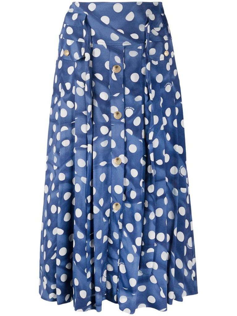 high-waisted polka dot midi skirt