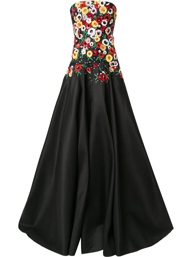 floral-embellished strapless gown