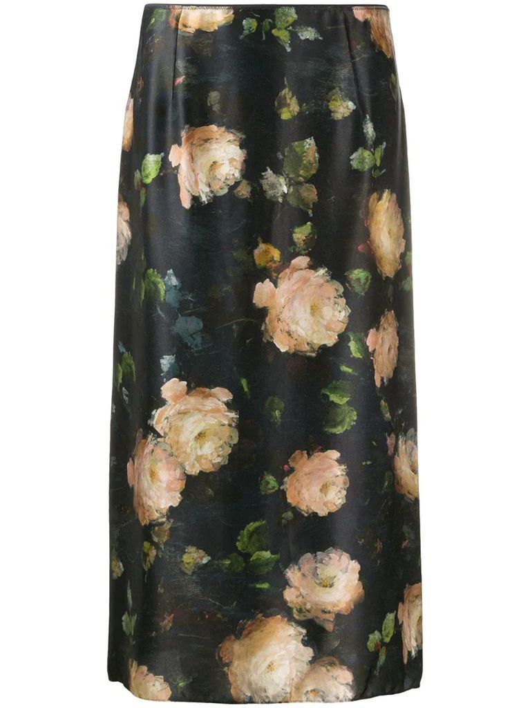 Painted Rose silk midi skirt