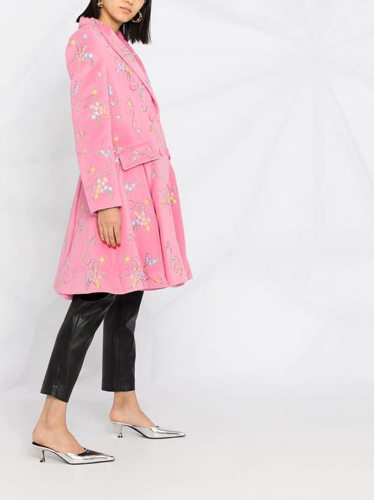 floral-embroidered flared coat
