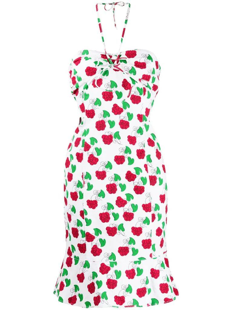 raspberry print halterneck dress