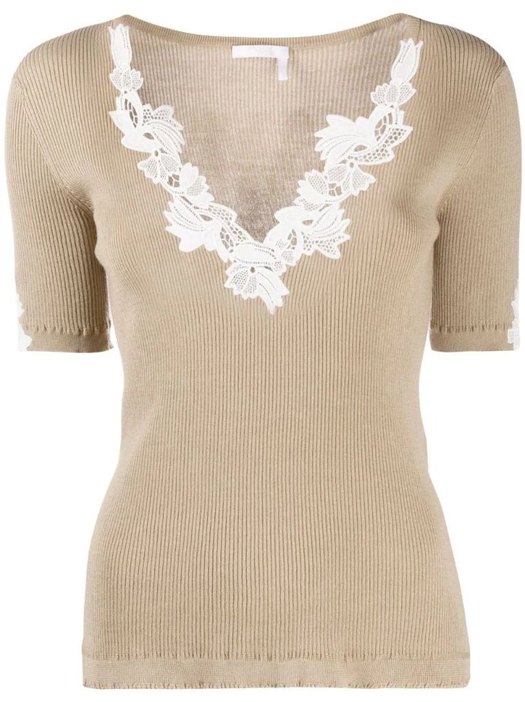 Lingerie lace-insert rib-knit top