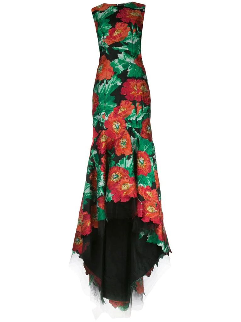poppy-jacquard step-hem gown