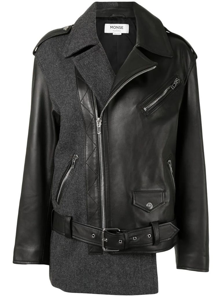 patchwork herringbone leather biker jacket